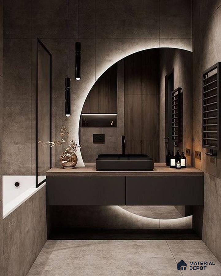a bathroom with a large tub in the middle of the room and two sinks and two sinks on the wall next to a bathtub in front of a large window that has a wooden flooring is shown in